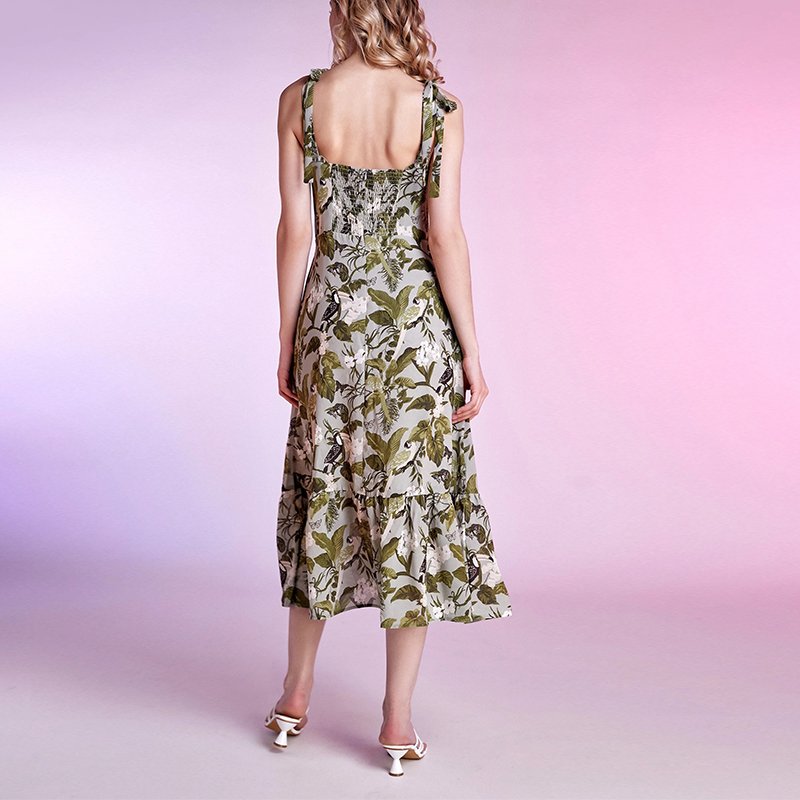 2022 Summer 100% Polyester Dark Olive Green Floral Printed Tie-Strap Midi Casual Dresses Women