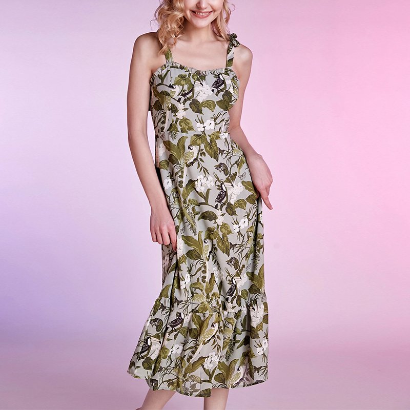 2022 Summer 100% Polyester Dark Olive Green Floral Printed Tie-Strap Midi Casual Dresses Women