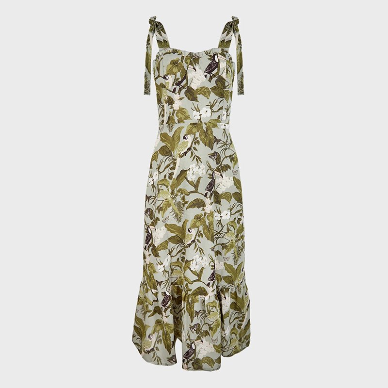 2022 Summer 100% Polyester Dark Olive Green Floral Printed Tie-Strap Midi Casual Dresses Women