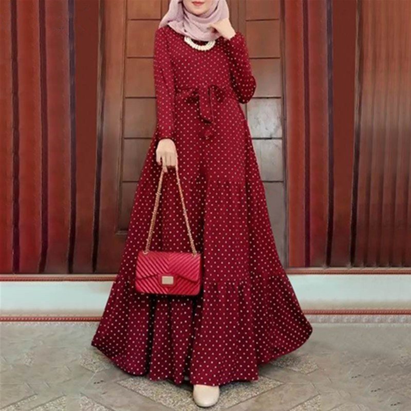 Women's Casual Solid Muslim Dress Polka Dots Printed Abaya Elegant Dress Arab Kaftan Nigerian Clothes for Women