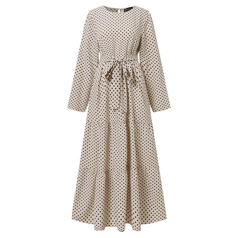 Women's Casual Solid Muslim Dress Polka Dots Printed Abaya Elegant Dress Arab Kaftan Nigerian Clothes for Women
