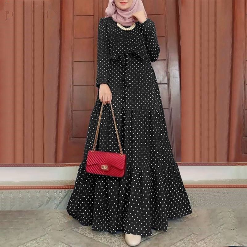 Women's Casual Solid Muslim Dress Polka Dots Printed Abaya Elegant Dress Arab Kaftan Nigerian Clothes for Women