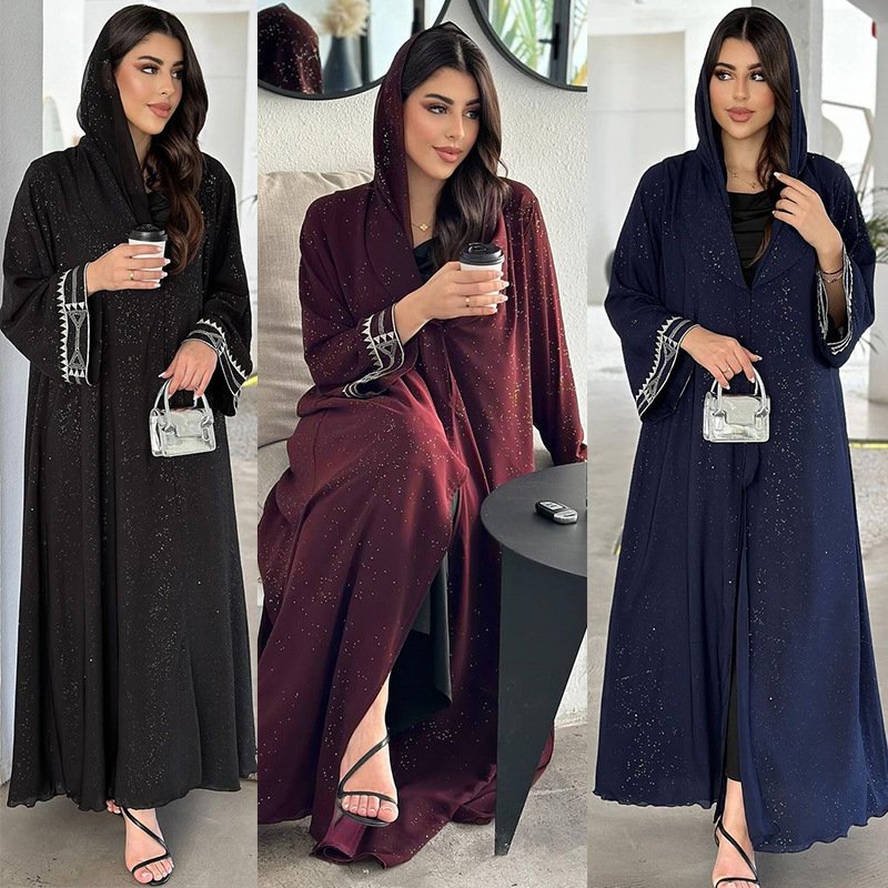 Dubai New Custom Front Open Abaya Women Muslim Open Abaya Dress Coat with Gold Shining Powder