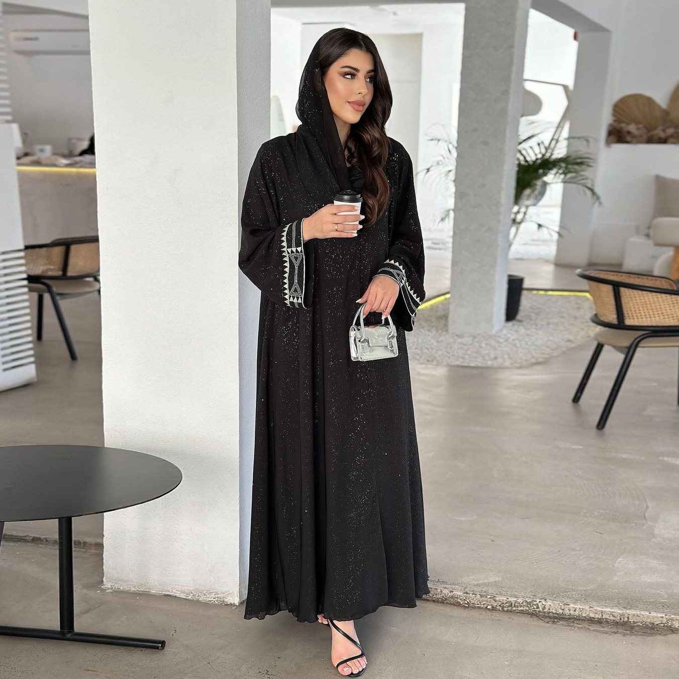 Dubai New Custom Front Open Abaya Women Muslim Open Abaya Dress Coat with Gold Shining Powder