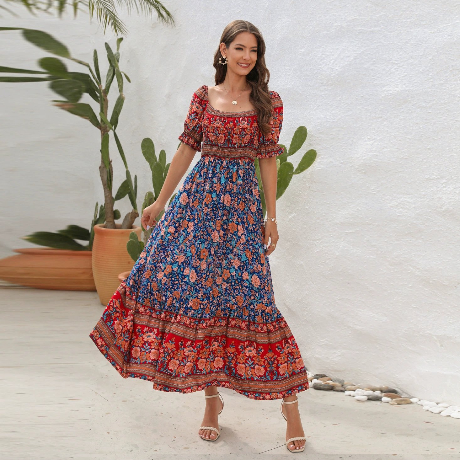 A315 Summer Boho Floral Print Dress High Waist Ladies Long Maxi Beach Dresses Natural Bohemian Style Short Sleeve Casual Women
