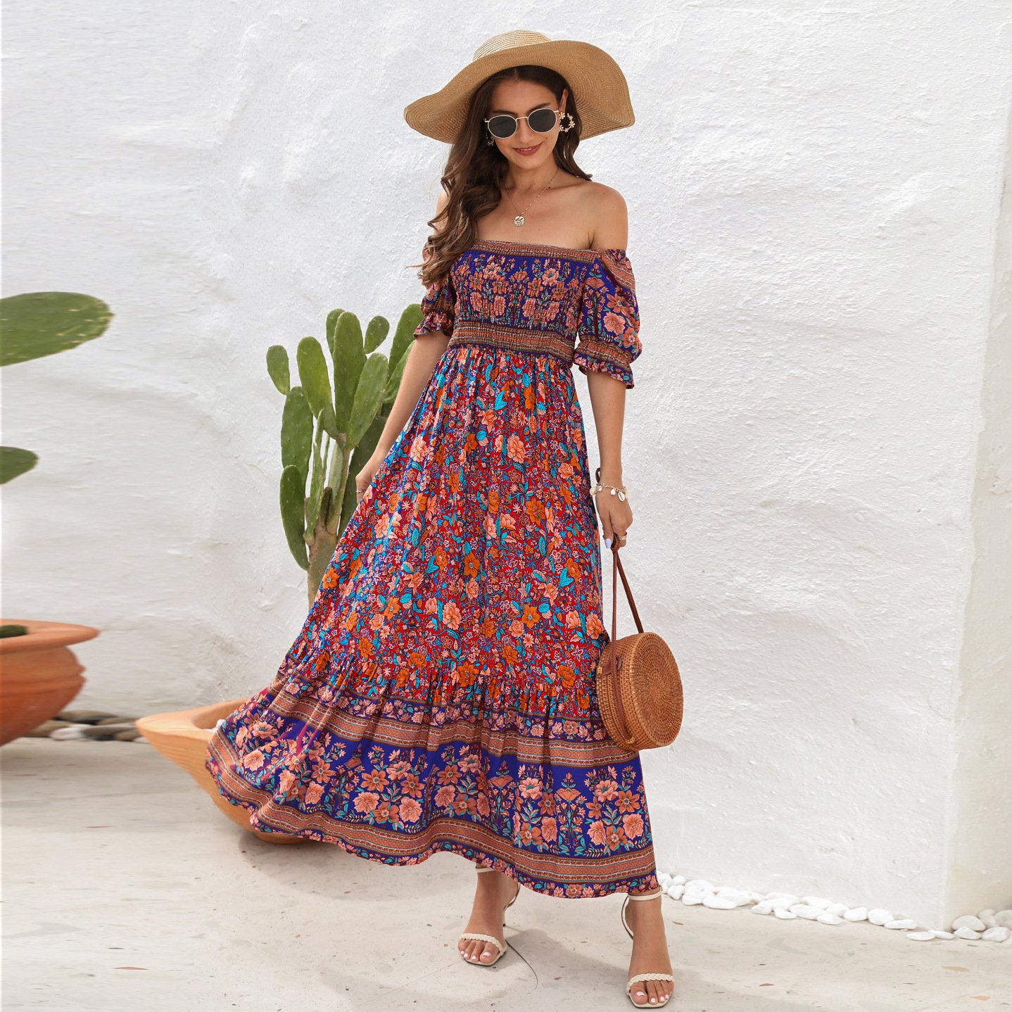 A315 Summer Boho Floral Print Dress High Waist Ladies Long Maxi Beach Dresses Natural Bohemian Style Short Sleeve Casual Women