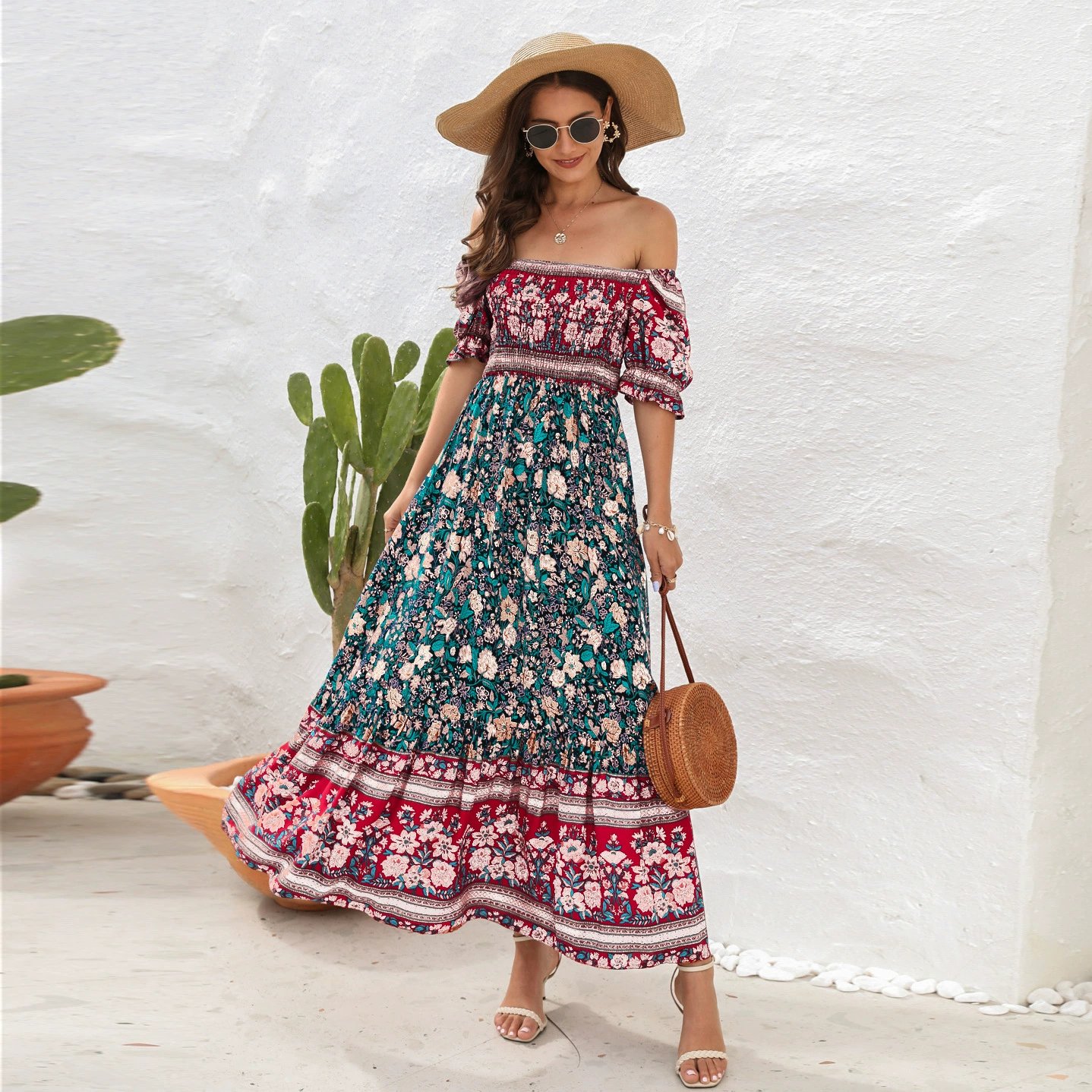 A315 Summer Boho Floral Print Dress High Waist Ladies Long Maxi Beach Dresses Natural Bohemian Style Short Sleeve Casual Women