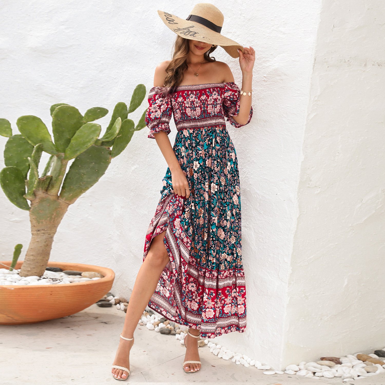 A315 Summer Boho Floral Print Dress High Waist Ladies Long Maxi Beach Dresses Natural Bohemian Style Short Sleeve Casual Women