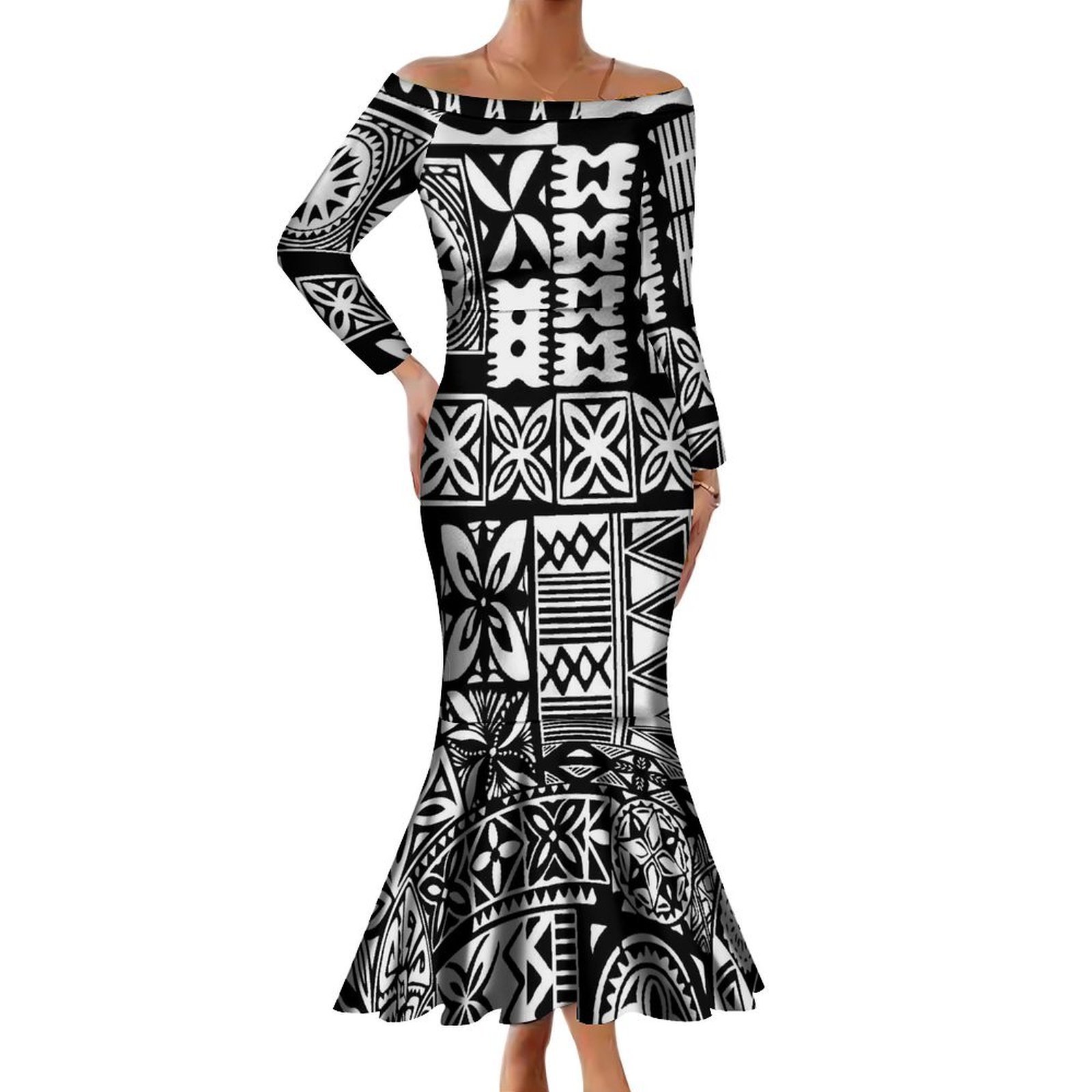 Hot Sales Polynesian Tribal Samoan Dress Custom Big Size Ladies One Shoulder Maxi Mermaid Dresses Women Elegant Fishtail Dress