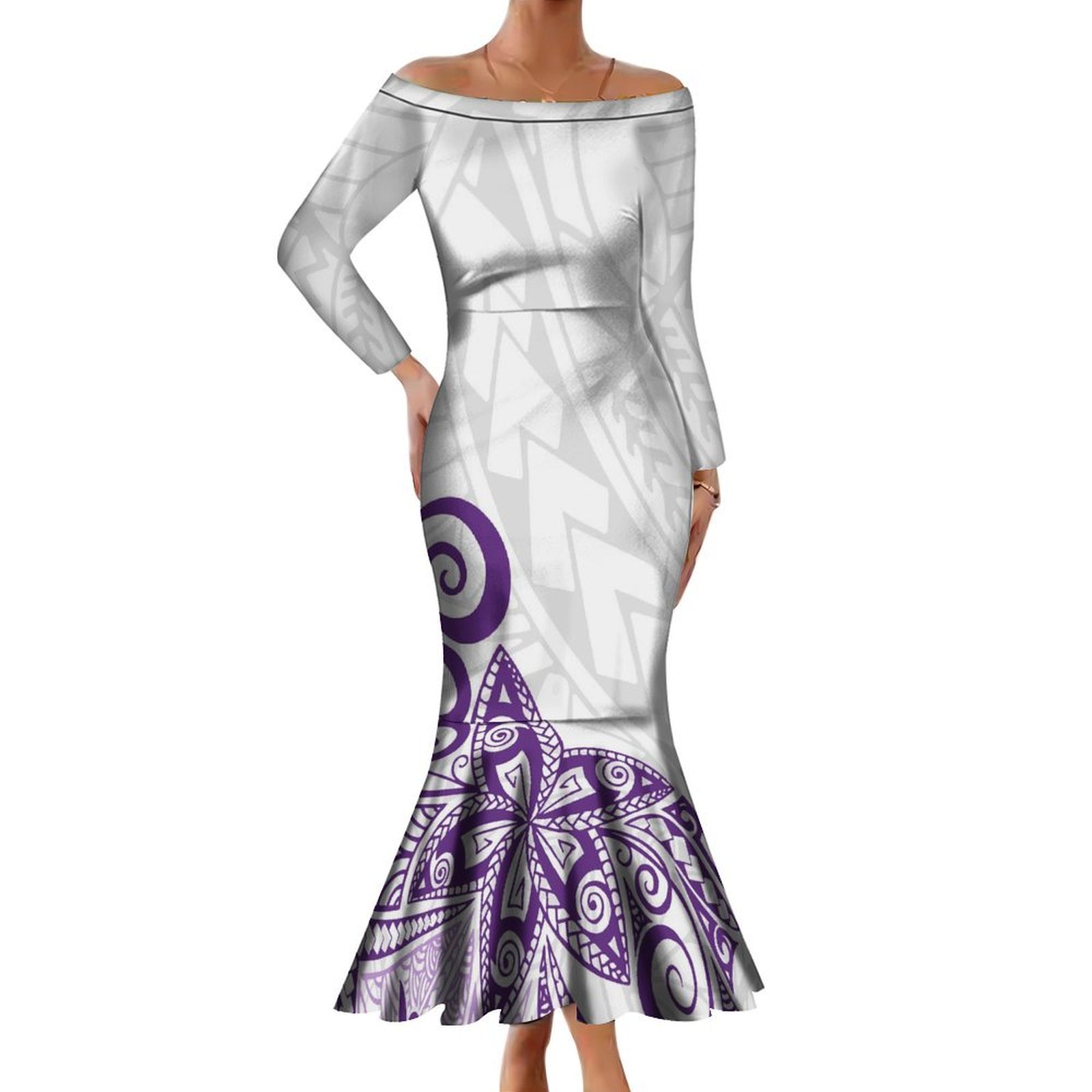 Hot Sales Polynesian Tribal Samoan Dress Custom Big Size Ladies One Shoulder Maxi Mermaid Dresses Women Elegant Fishtail Dress