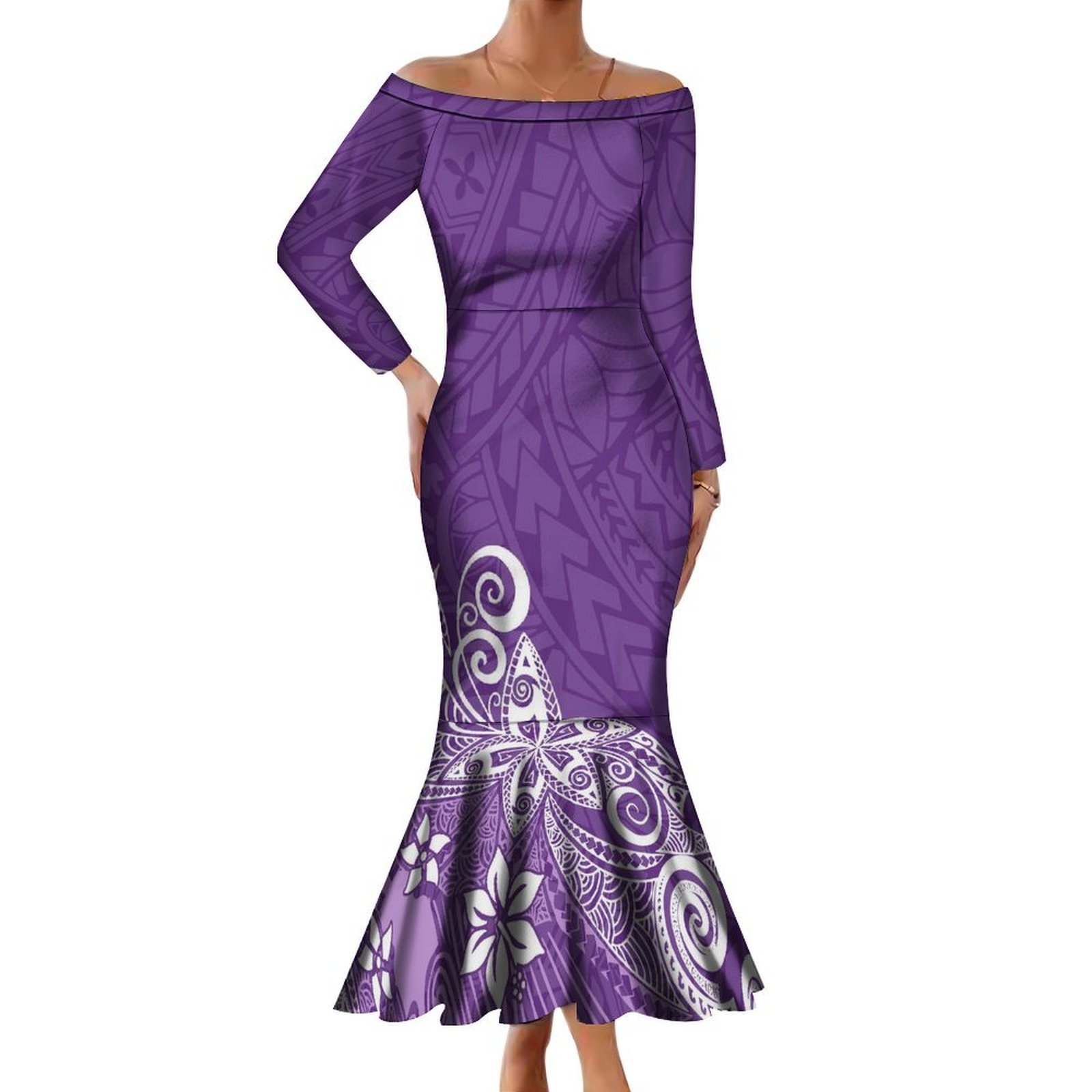 Hot Sales Polynesian Tribal Samoan Dress Custom Big Size Ladies One Shoulder Maxi Mermaid Dresses Women Elegant Fishtail Dress