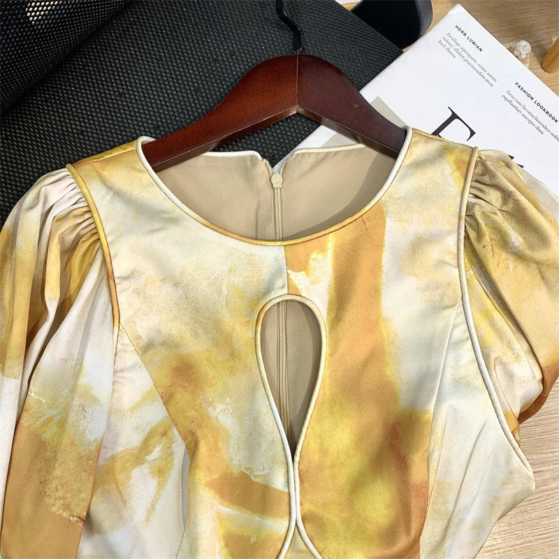 2023 New Arrivals Korean Backless Boho Burnt Orange Buy Online Yellow Long Floral Color Changing Cotton Puff Casual Dress