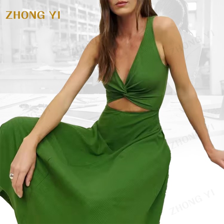 High Quality Custom Sexy Ladies Summer Midi Knitted Belly Button Deep Sleeveless Casual Dresses Manufacturers Factory In China