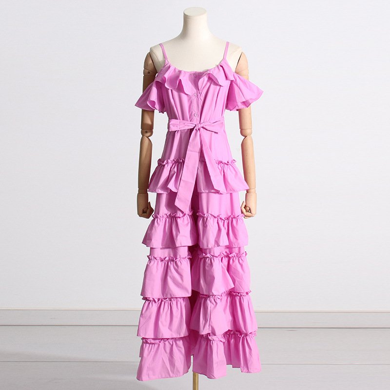 2023 Summer New One-shoulder Sling Strap Design Sense Waist Slimming Multi-layer Ruffled Long Dress