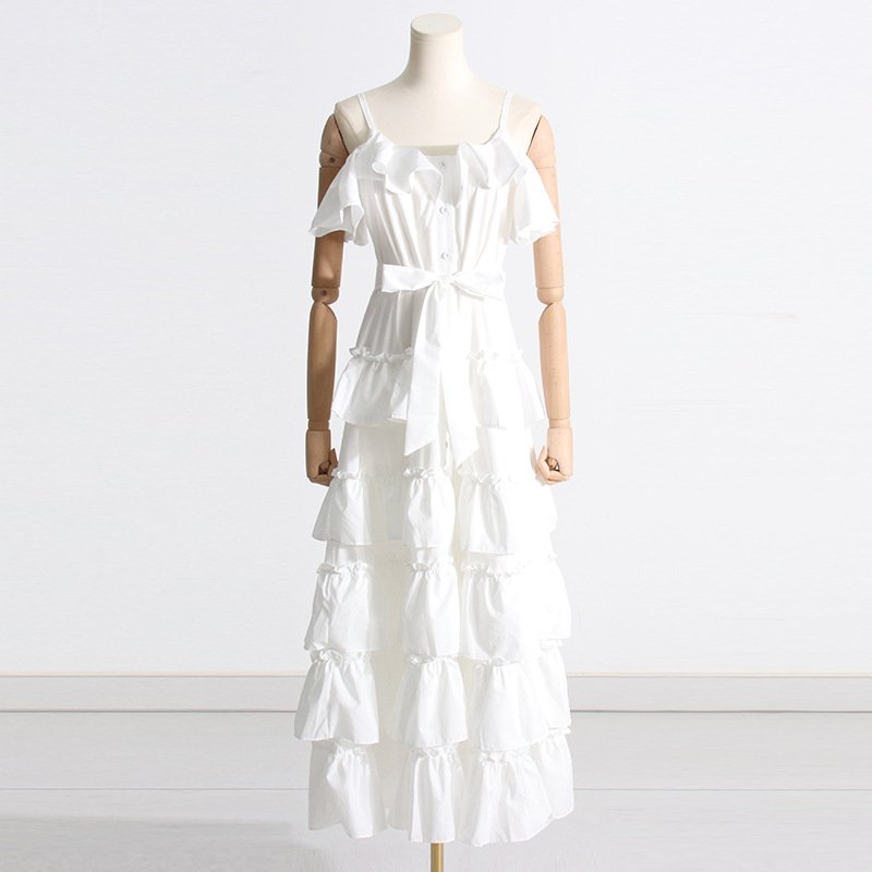 2023 Summer New One-shoulder Sling Strap Design Sense Waist Slimming Multi-layer Ruffled Long Dress