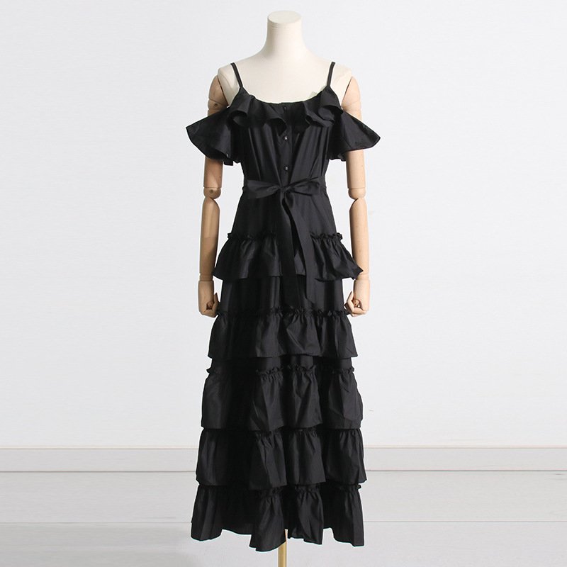2023 Summer New One-shoulder Sling Strap Design Sense Waist Slimming Multi-layer Ruffled Long Dress