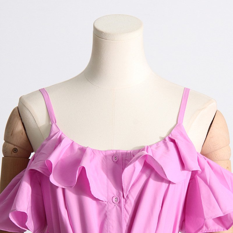 2023 Summer New One-shoulder Sling Strap Design Sense Waist Slimming Multi-layer Ruffled Long Dress