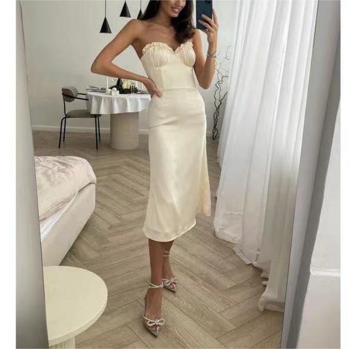 2023 Fashion sexy strapless tight skirt chest small edge drop pleated mid-length dress women's dress