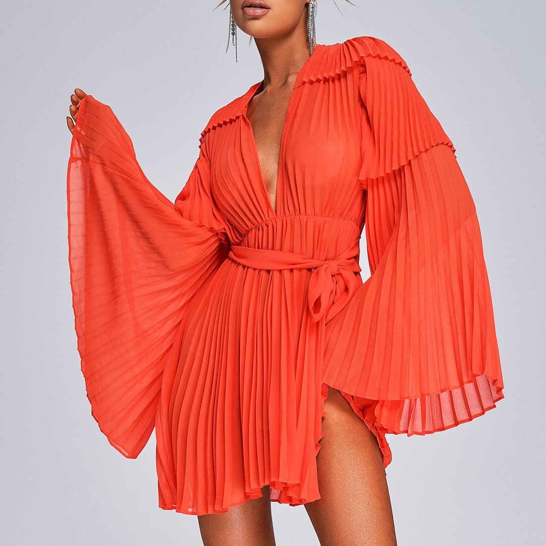 BEISHI Women Long Sleeve Orange Loose Mini Pleated Chiffon Casual Dress Women Clothing