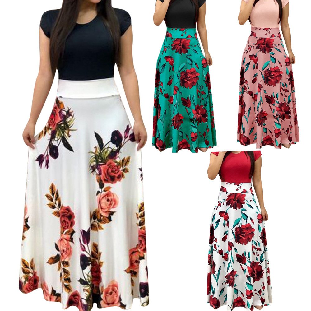 Factory direct sale women Maxi dress Flower print Short sleeve summer dress Elegant ladies office Breathable casual dresses