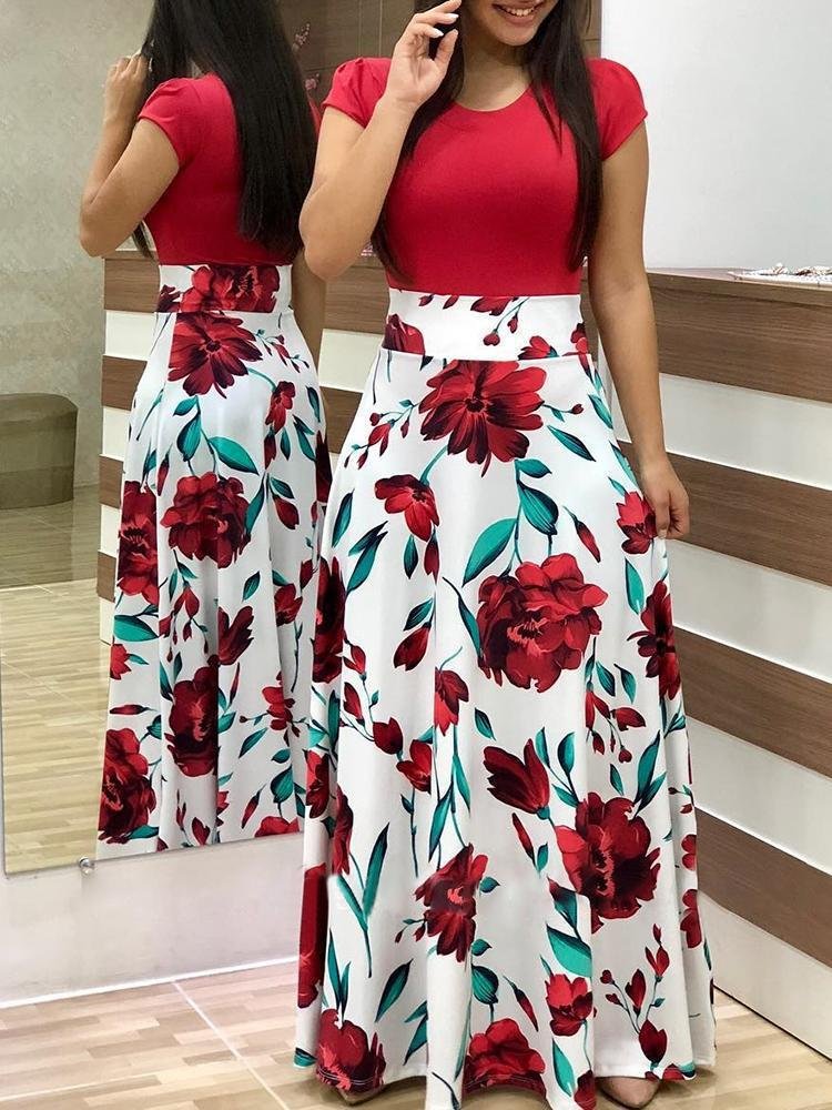 Factory direct sale women Maxi dress Flower print Short sleeve summer dress Elegant ladies office Breathable casual dresses