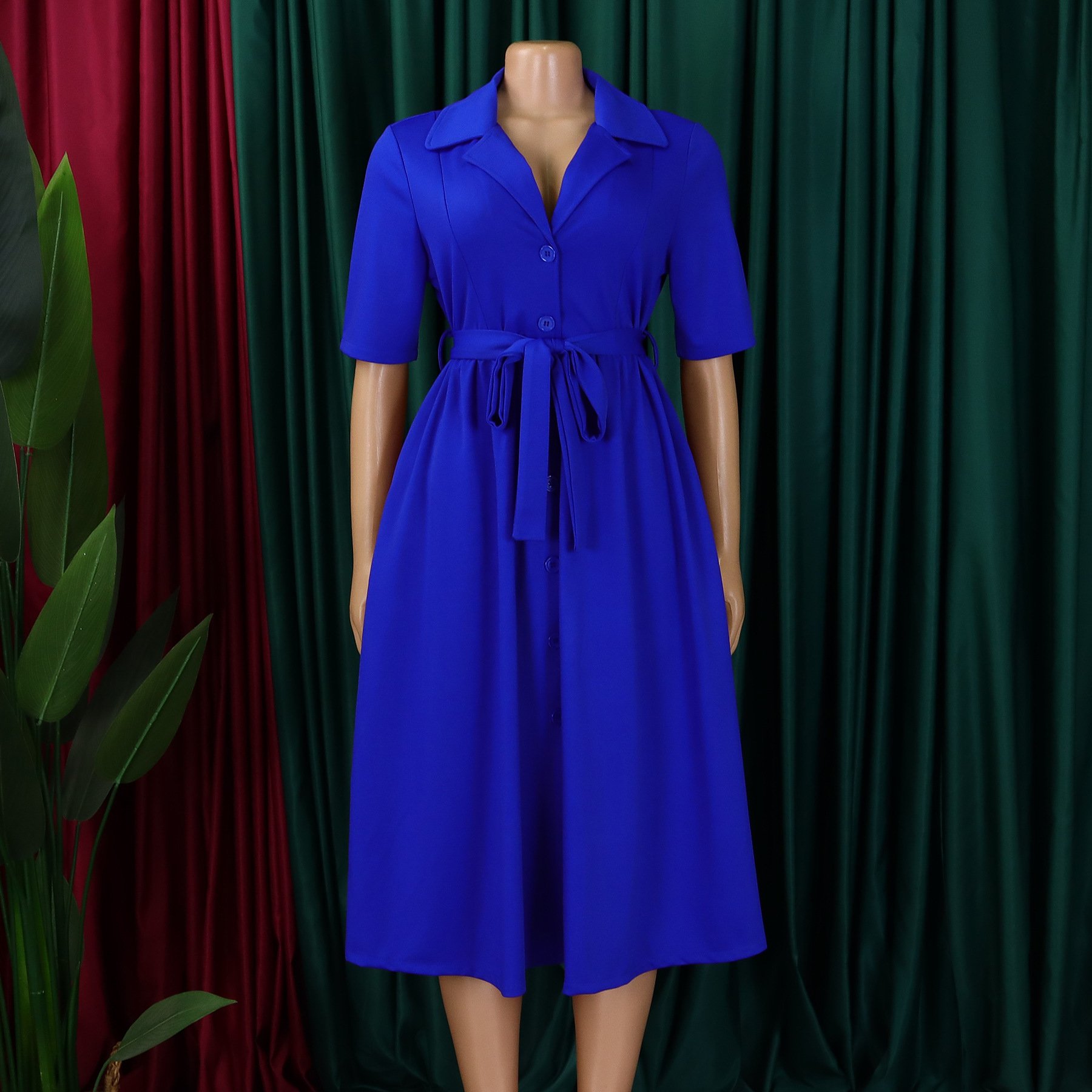D506 High Quality Summer African Dress For Women Suit Collar Short Sleeve Solid Color A-line Elegant Casual Dresses