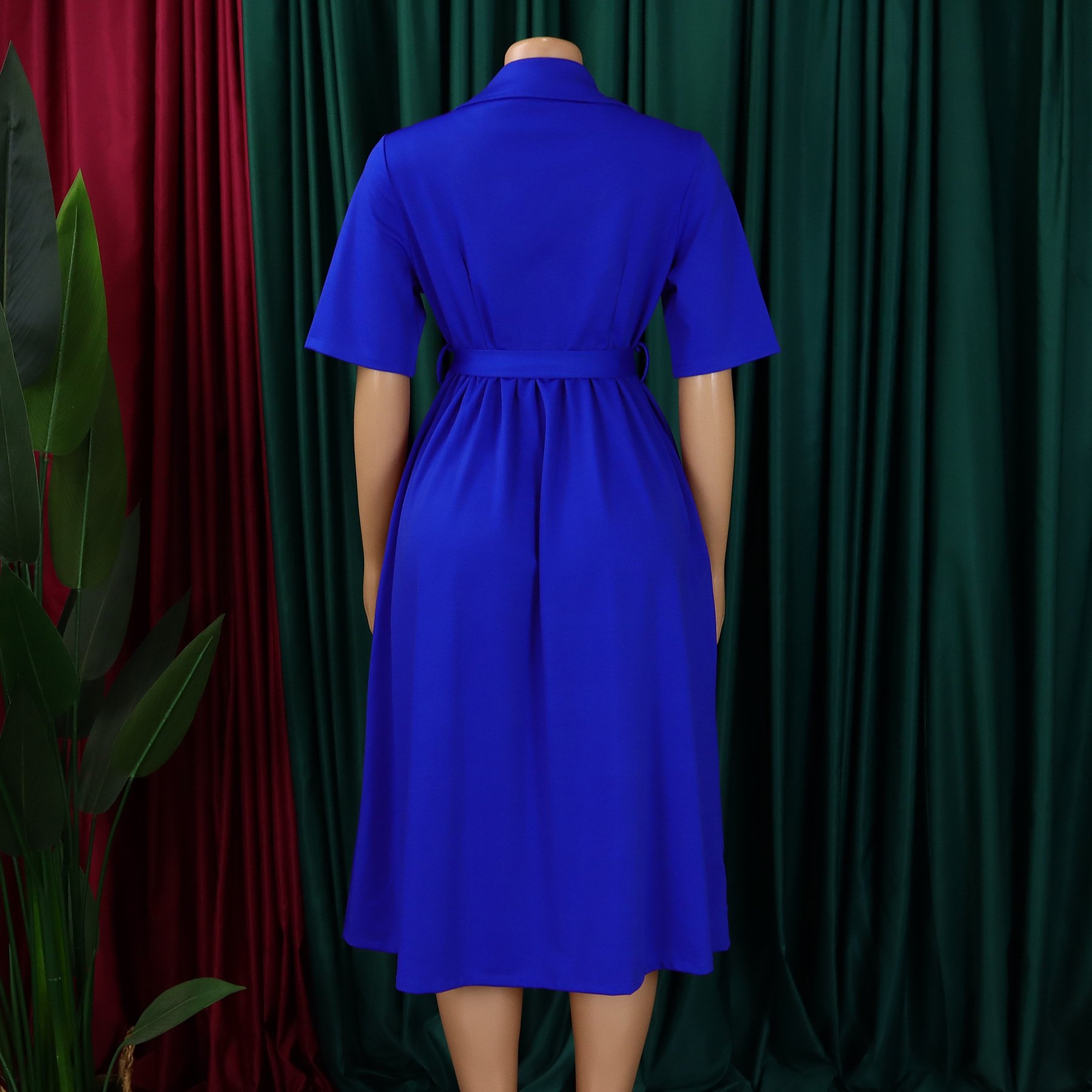 D506 High Quality Summer African Dress For Women Suit Collar Short Sleeve Solid Color A-line Elegant Casual Dresses