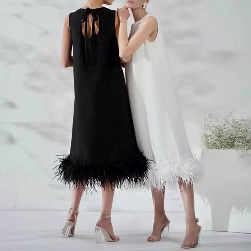 2023 Summer sexy lace up sleeveless satin evening sundress modest casual midi black ostrich feather dress
