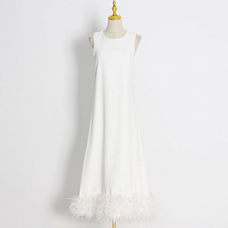 2023 Summer sexy lace up sleeveless satin evening sundress modest casual midi black ostrich feather dress
