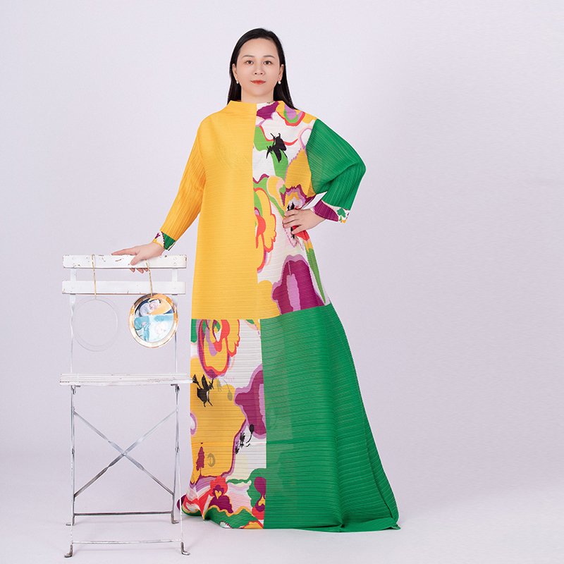 Tianbao fold clothing winter new printed color Mizhai round collar long sleeve loose large size women's dress