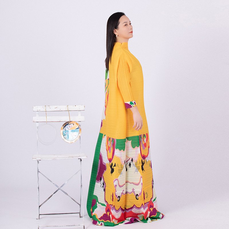 Tianbao fold clothing winter new printed color Mizhai round collar long sleeve loose large size women's dress