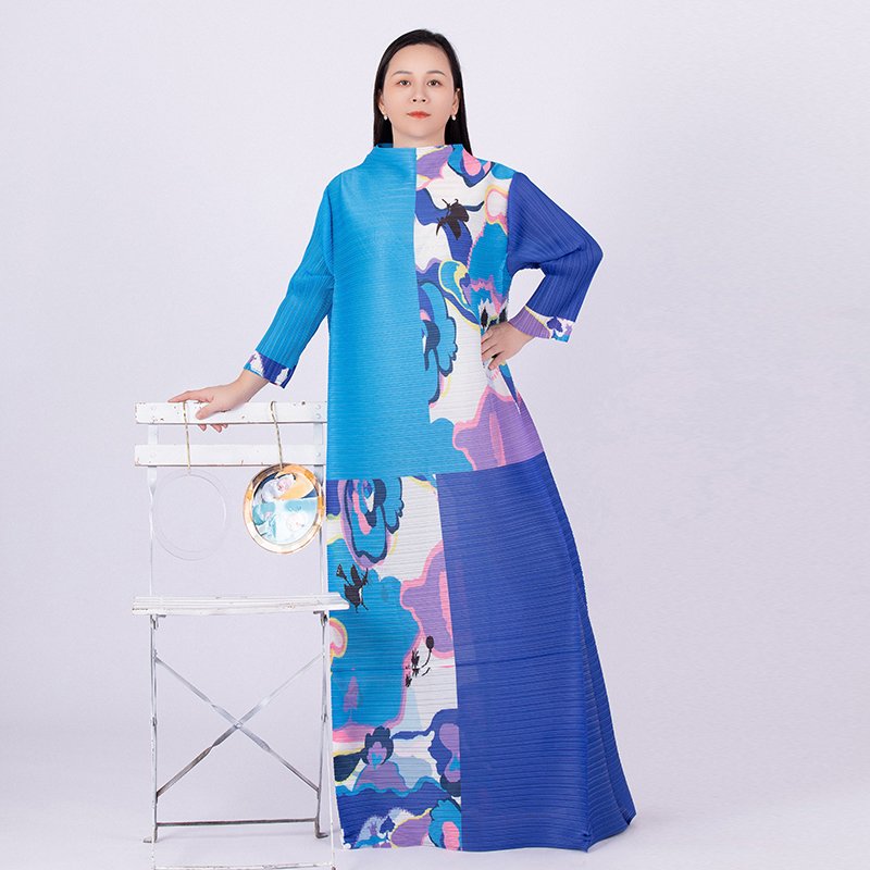 Tianbao fold clothing winter new printed color Mizhai round collar long sleeve loose large size women's dress