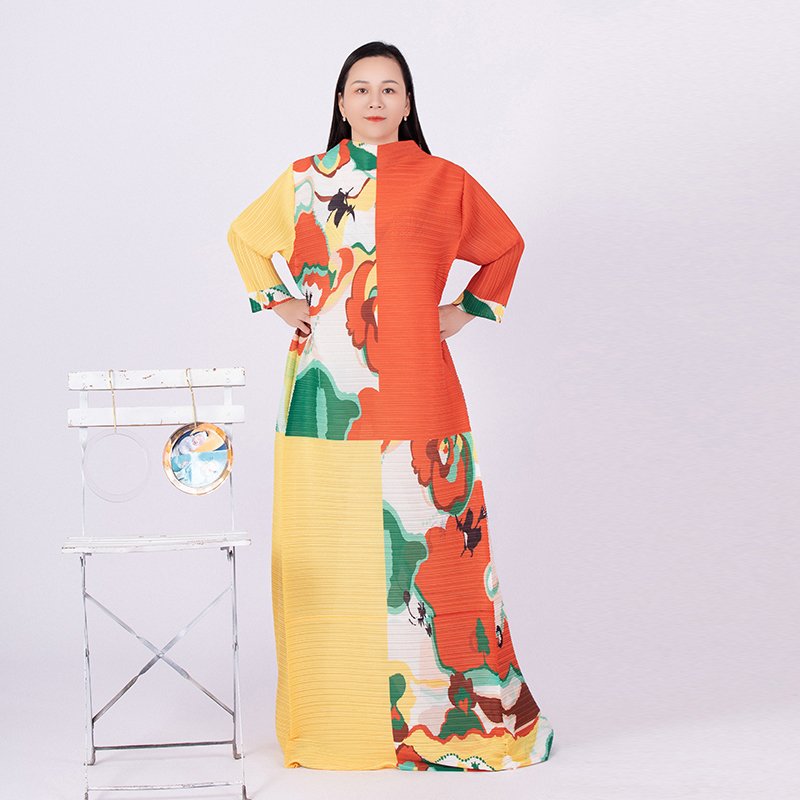 Tianbao fold clothing winter new printed color Mizhai round collar long sleeve loose large size women's dress
