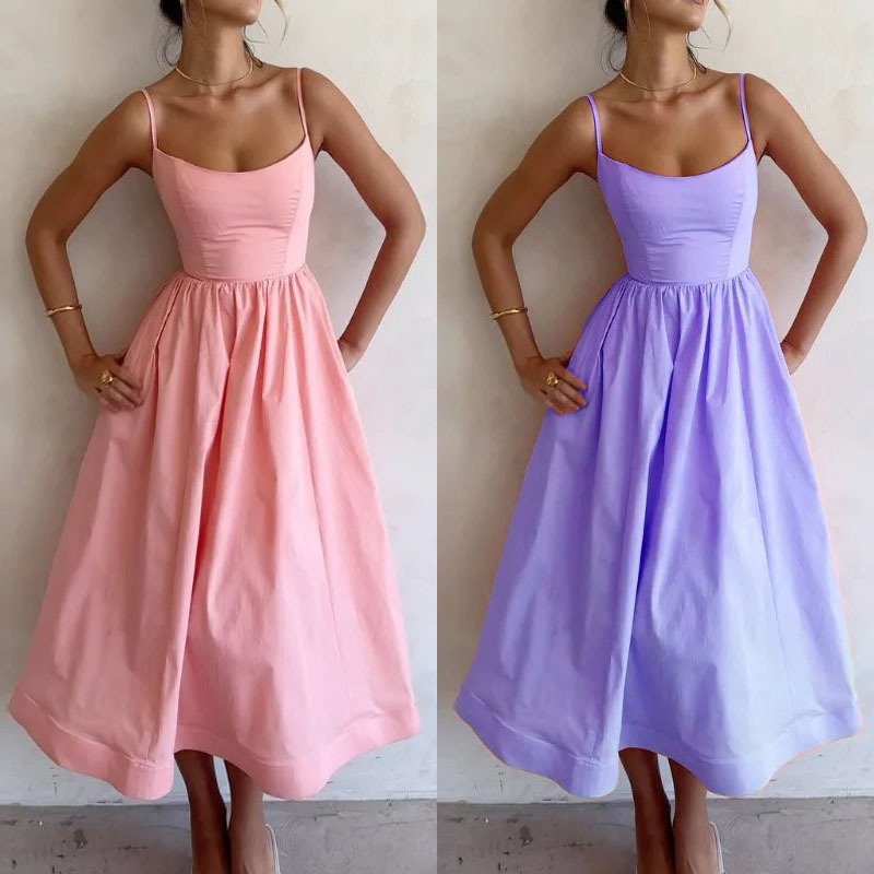 TIAN TIAN casual dresses U-neck women dresses elegant pure color pink white dress for women