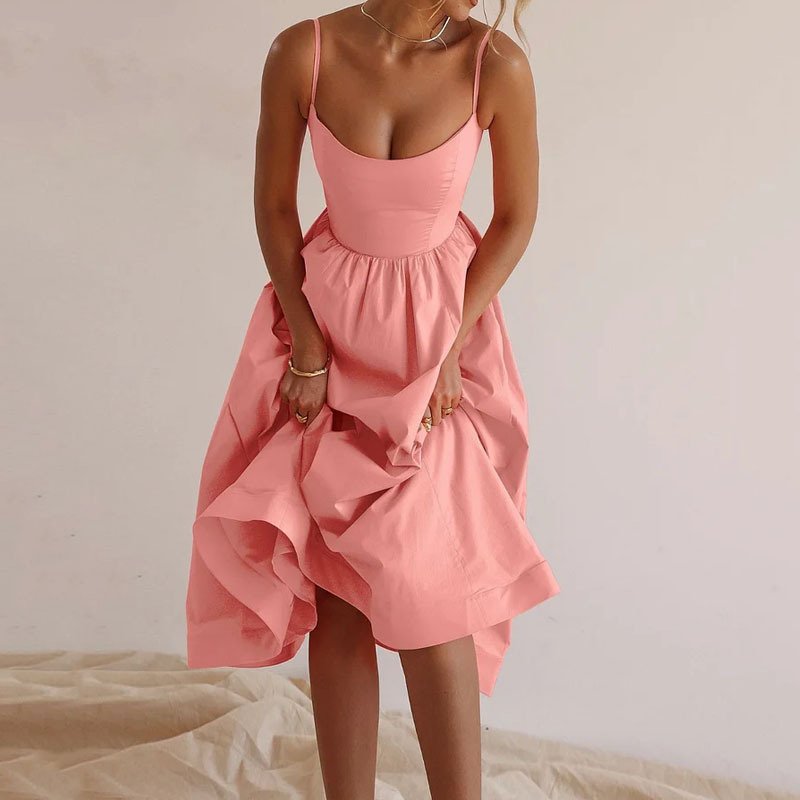 TIAN TIAN casual dresses U-neck women dresses elegant pure color pink white dress for women