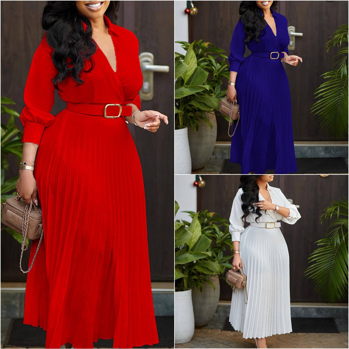 New Trendy Summer Dresses Women Lady Elegant Solid Color Long sleeve V-neck Pleated Dress Elegant Casual Dresses With Belt