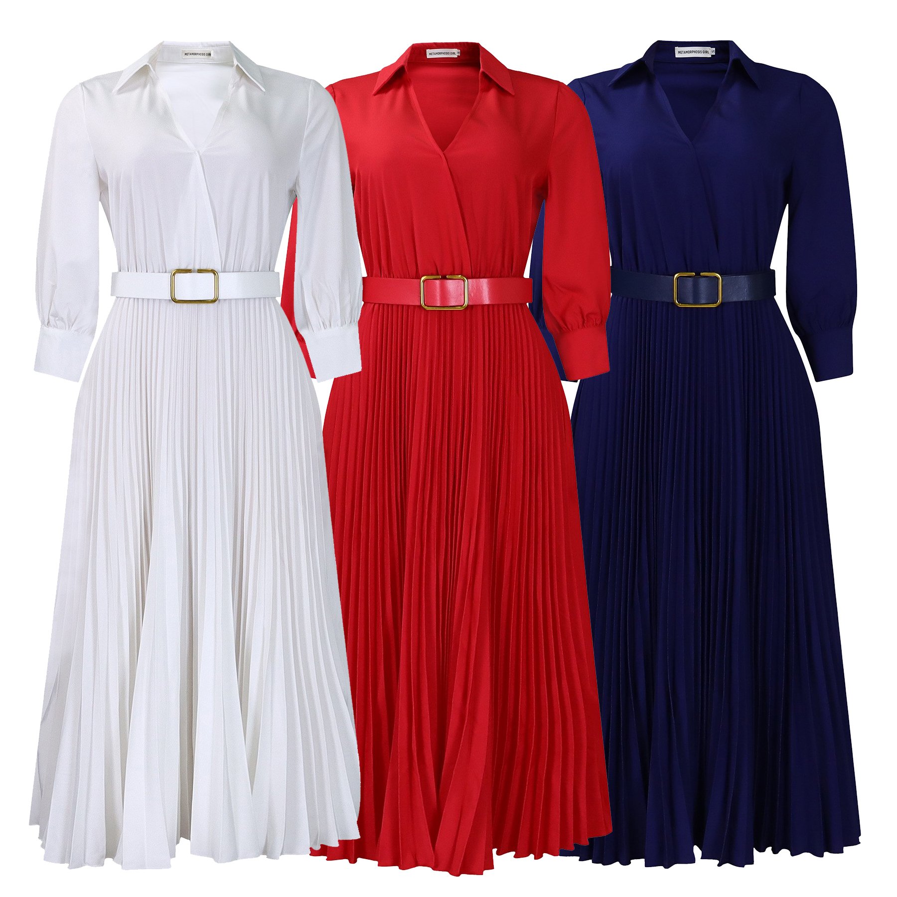 New Trendy Summer Dresses Women Lady Elegant Solid Color Long sleeve V-neck Pleated Dress Elegant Casual Dresses With Belt