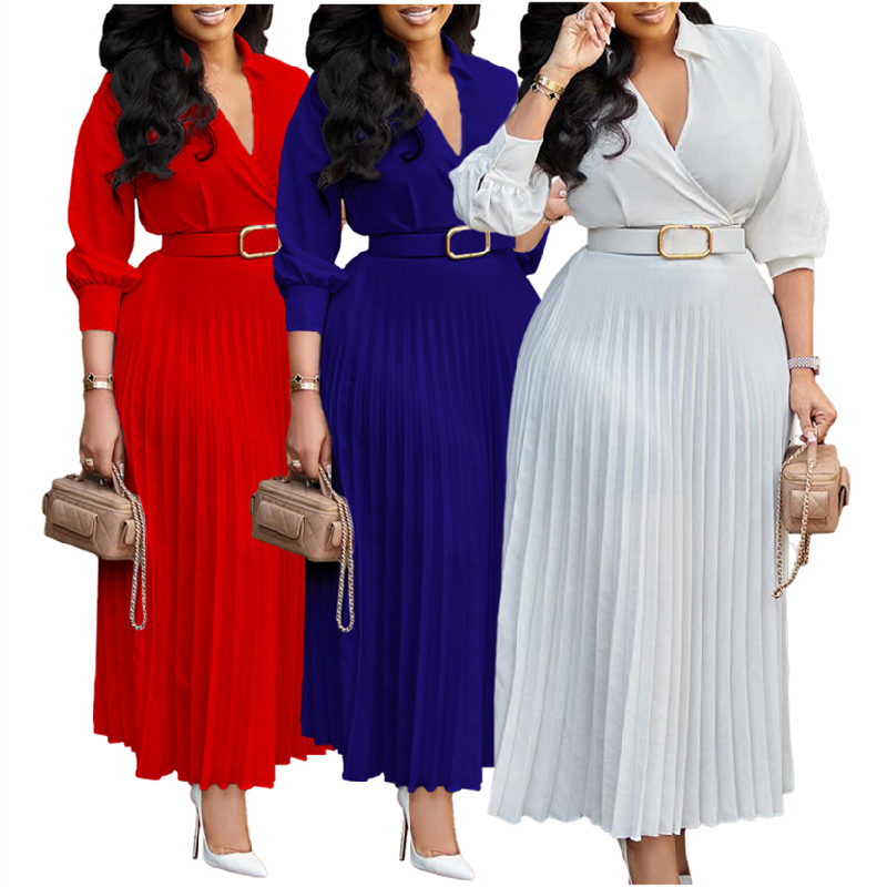 New Trendy Summer Dresses Women Lady Elegant Solid Color Long sleeve V-neck Pleated Dress Elegant Casual Dresses With Belt