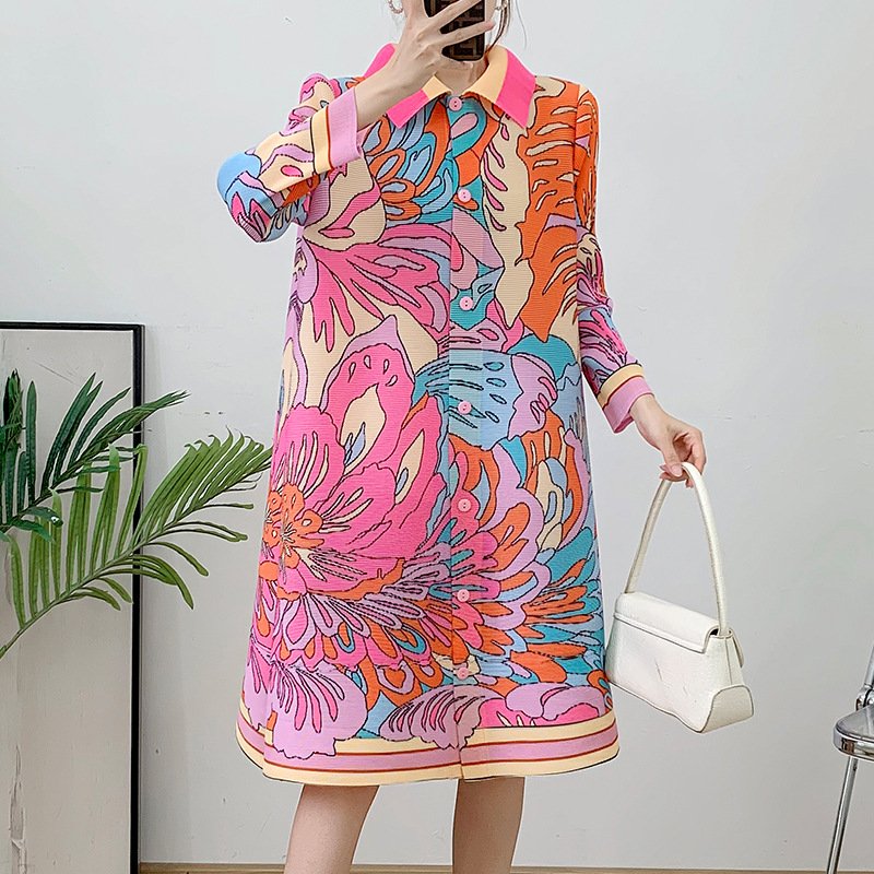 Pleated 2024 New Summer Large Size Stand Collar Pink Shirt Dress Fashion Casual Miyake Women Pleated Dress