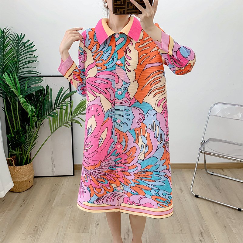Pleated 2024 New Summer Large Size Stand Collar Pink Shirt Dress Fashion Casual Miyake Women Pleated Dress