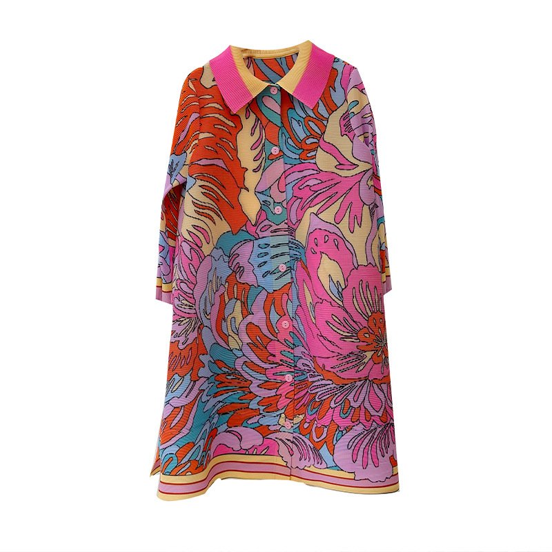 Pleated 2024 New Summer Large Size Stand Collar Pink Shirt Dress Fashion Casual Miyake Women Pleated Dress