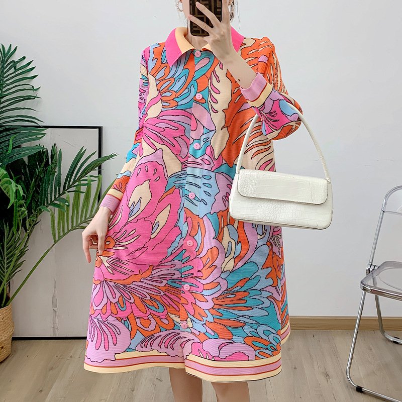 Pleated 2024 New Summer Large Size Stand Collar Pink Shirt Dress Fashion Casual Miyake Women Pleated Dress