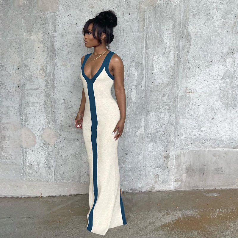 Holiday Style Woman Summer Casual Long Dresses Sexy V-neck Straps Blue and White Sleeveless Long Casual Dress 2023