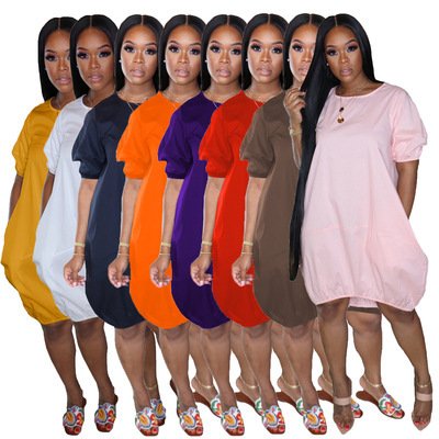 2021 European and American cross-border new products plus size women's new solid color casual bubble skirt dress