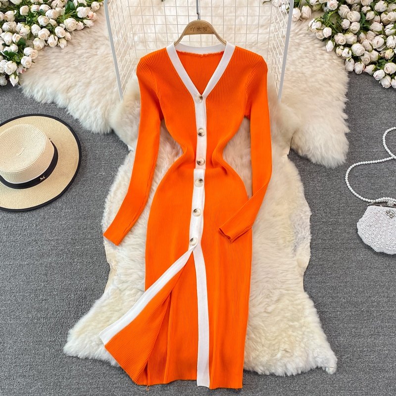 Autumn V-neck Solid Knit Casual Dress Women Puff Sleeve High Waist Midi Sheath Dress Women's Fashion Dresses Clothes Women