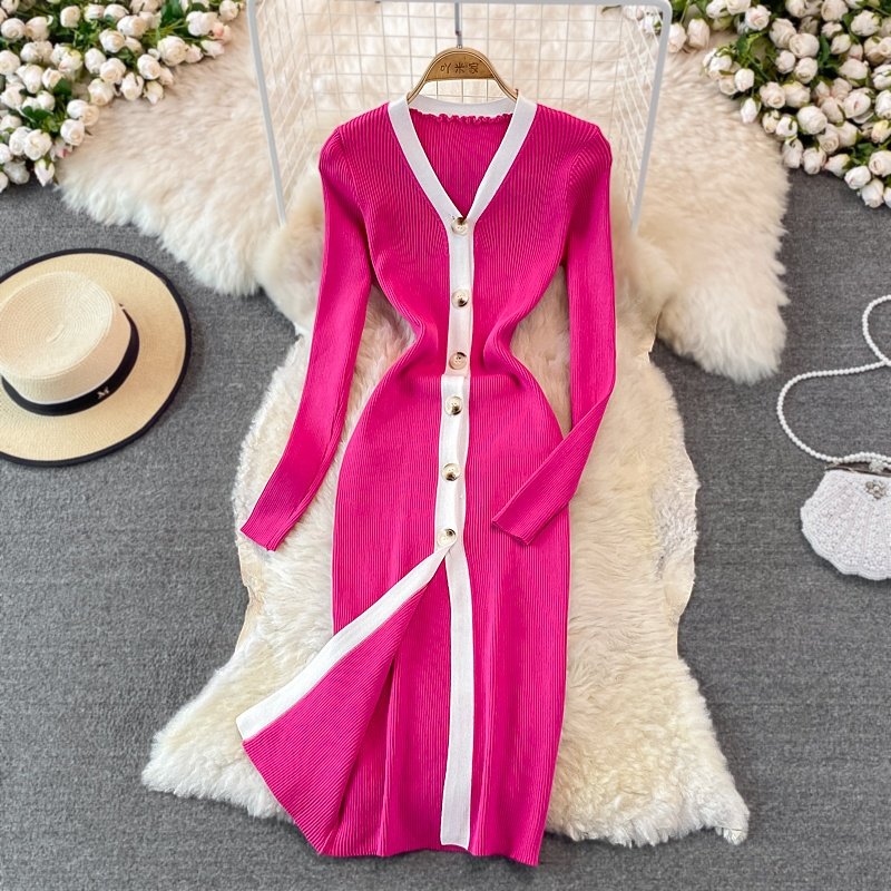 Autumn V-neck Solid Knit Casual Dress Women Puff Sleeve High Waist Midi Sheath Dress Women's Fashion Dresses Clothes Women