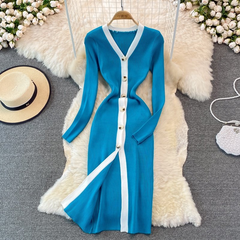 Autumn V-neck Solid Knit Casual Dress Women Puff Sleeve High Waist Midi Sheath Dress Women's Fashion Dresses Clothes Women
