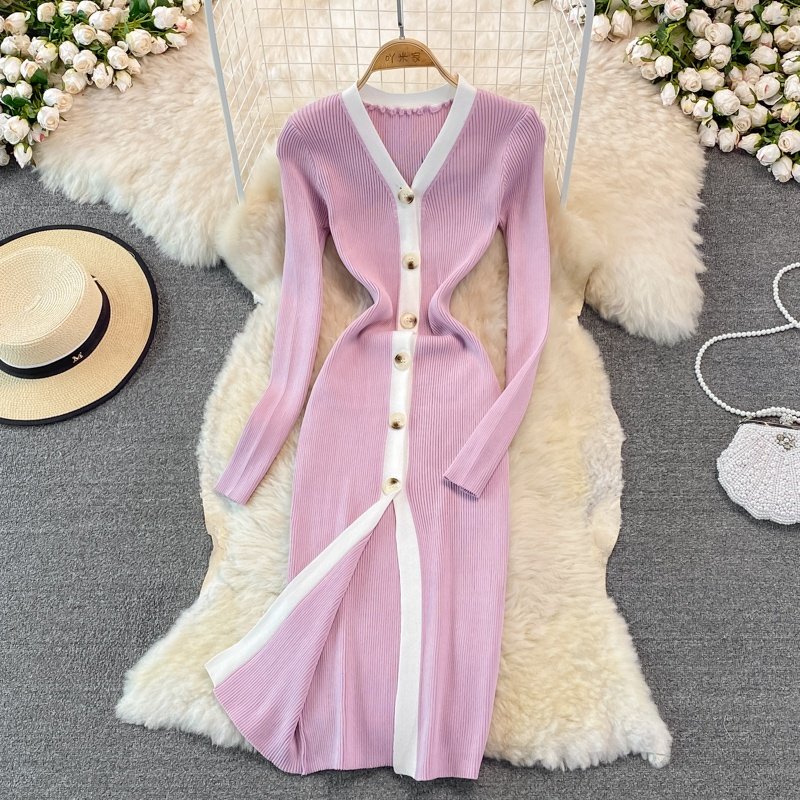 Autumn V-neck Solid Knit Casual Dress Women Puff Sleeve High Waist Midi Sheath Dress Women's Fashion Dresses Clothes Women