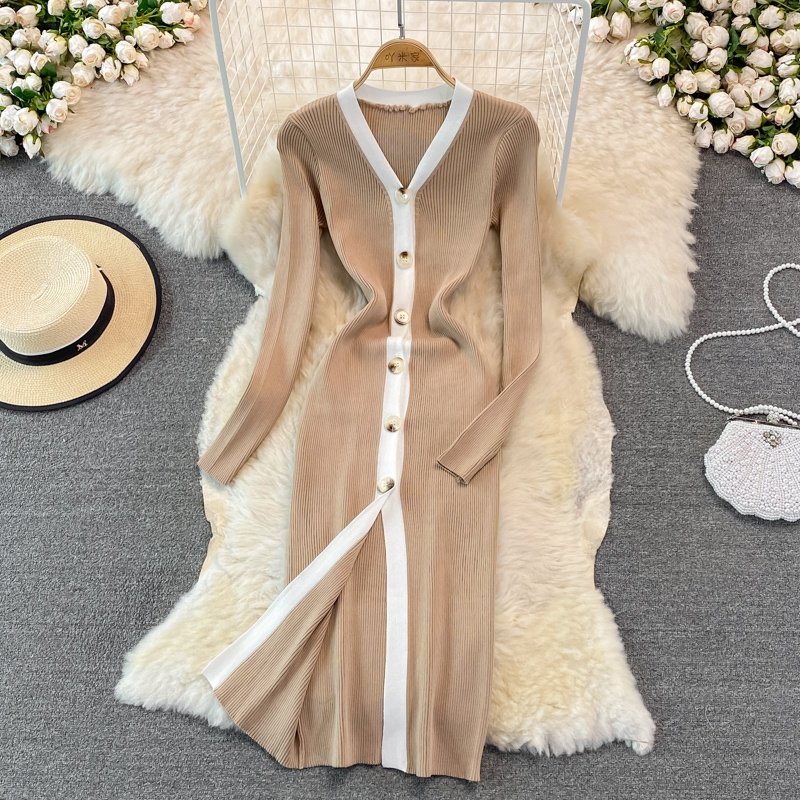 Autumn V-neck Solid Knit Casual Dress Women Puff Sleeve High Waist Midi Sheath Dress Women's Fashion Dresses Clothes Women