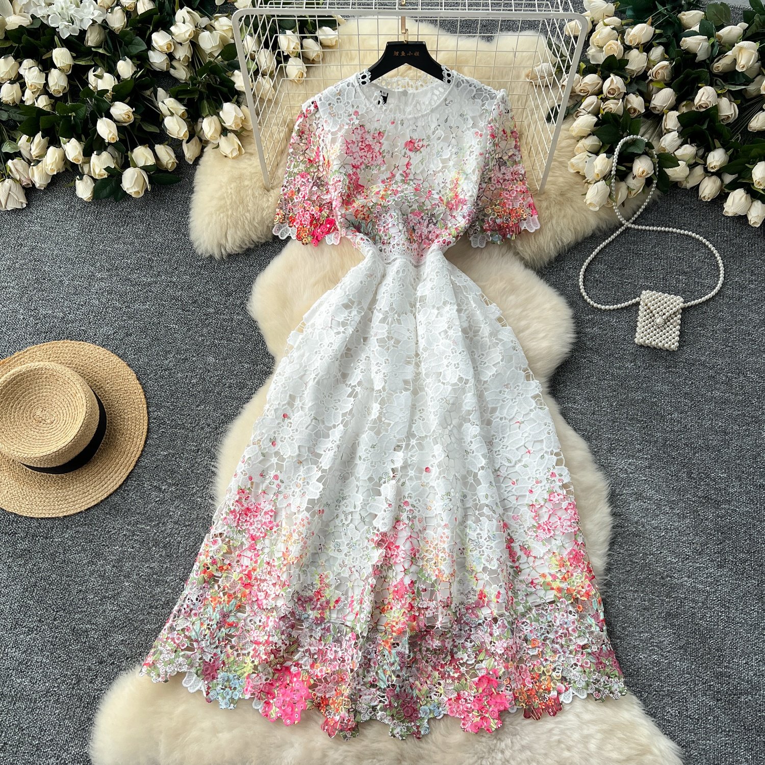 French Hollow Lace Printed Women Round Neck Short Sleeve Long Dresses